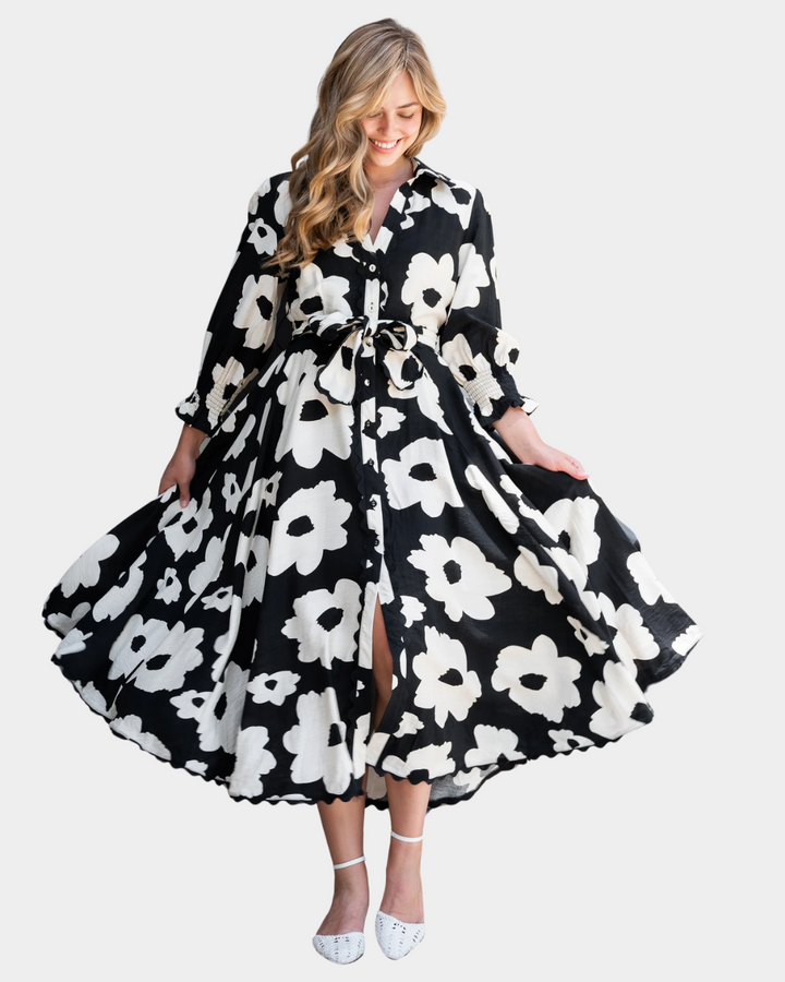 Fria Poppy Print Lace Trim Godet Dress