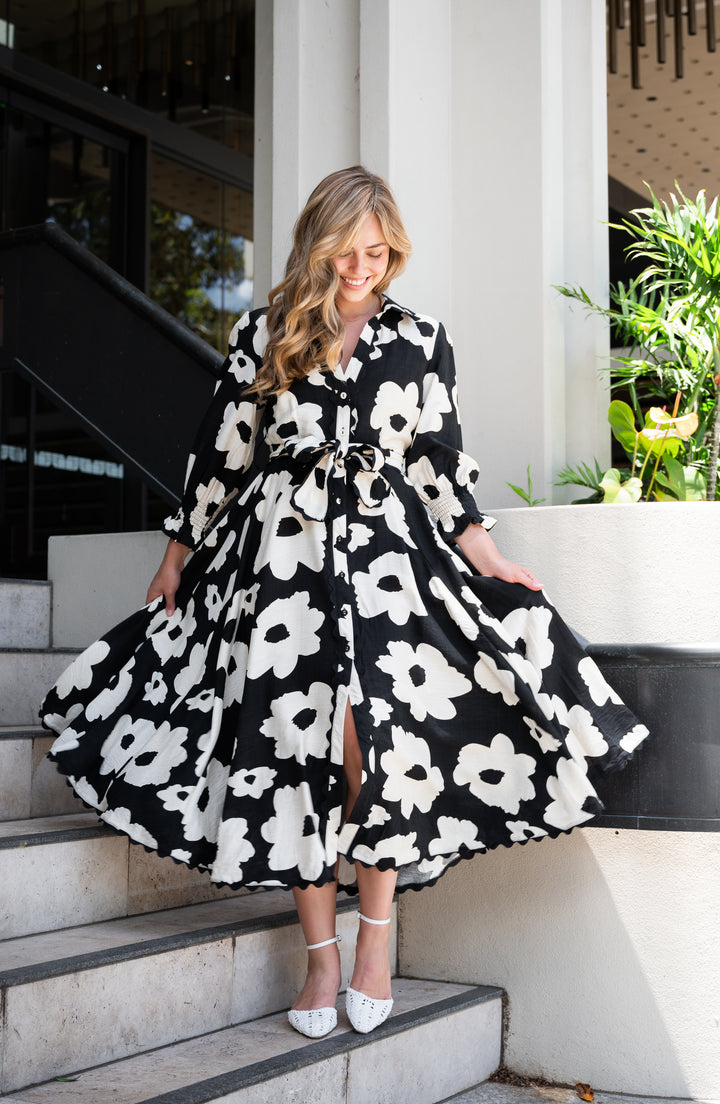 Fria Poppy Print Lace Trim Godet Dress