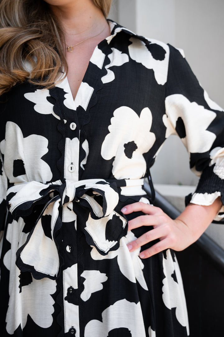 Fria Poppy Print Lace Trim Godet Dress