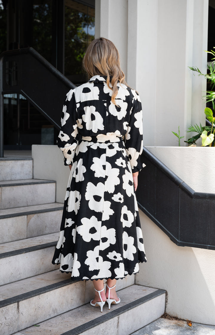 Fria Poppy Print Lace Trim Godet Dress