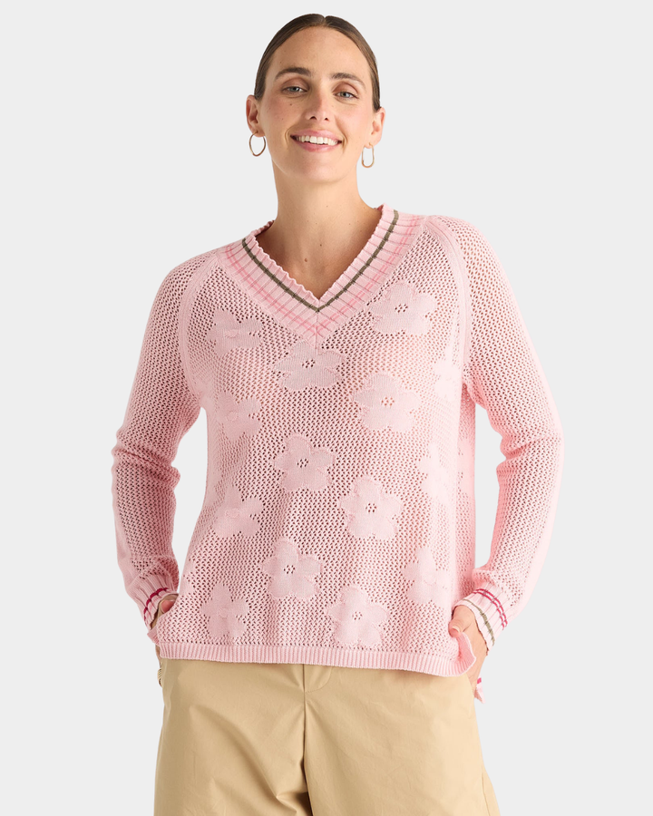 Zaket &amp; Plover Floral Pointelle Vee Sweater
