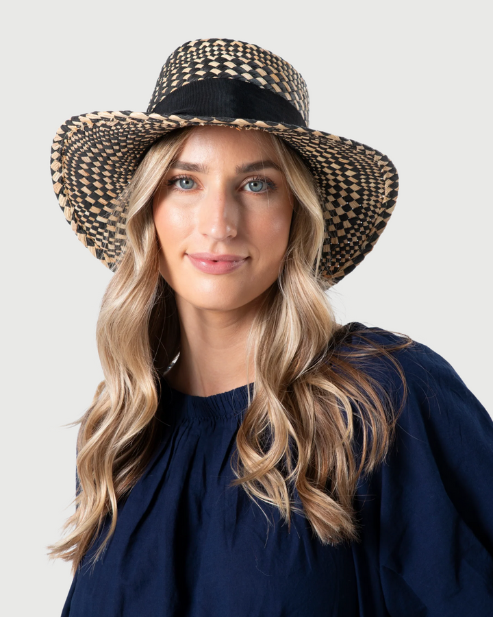 Stella & Gemma Paper Hat Black Diamond Check with Black Ribbon