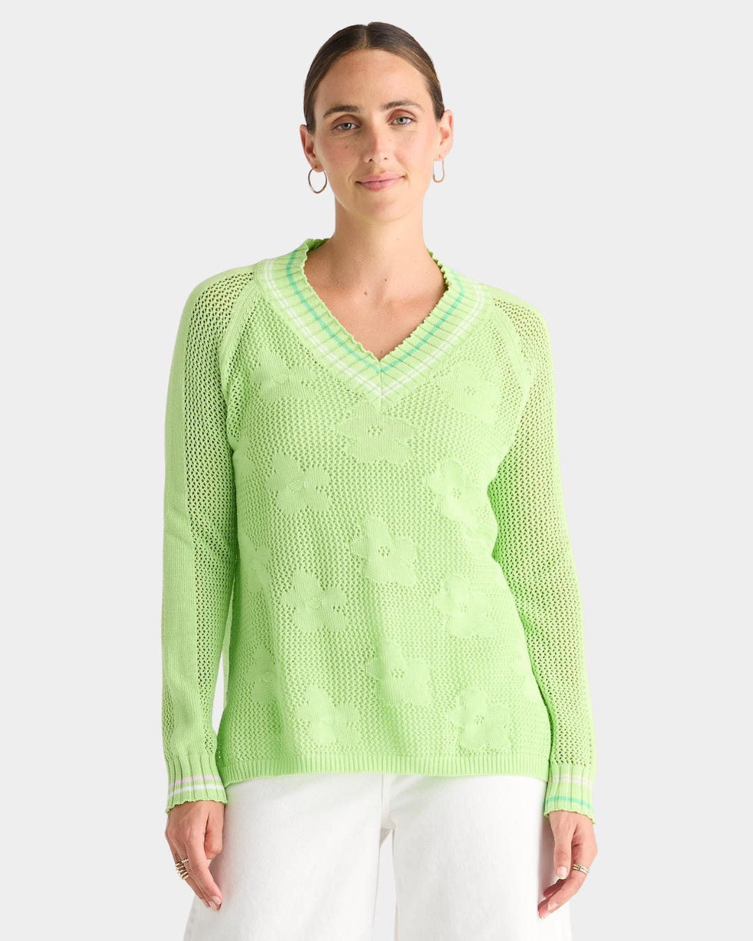 Zaket &amp; Plover Floral Pointelle Vee Sweater