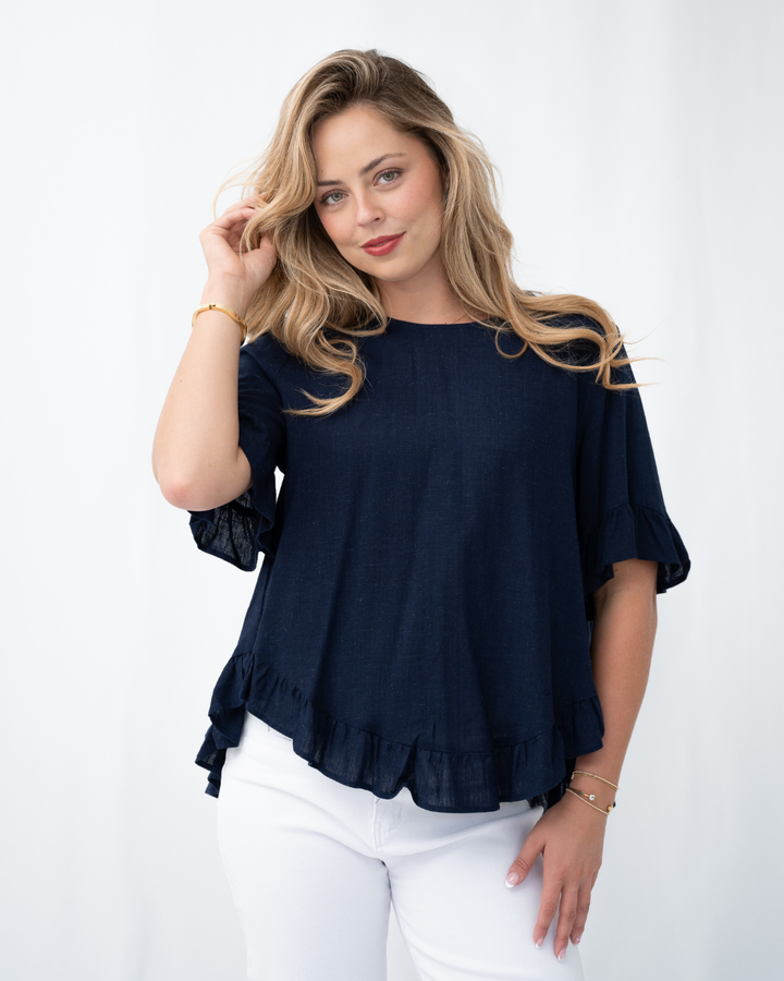 Silver Wishes Linen Frill Loose Hem Top
