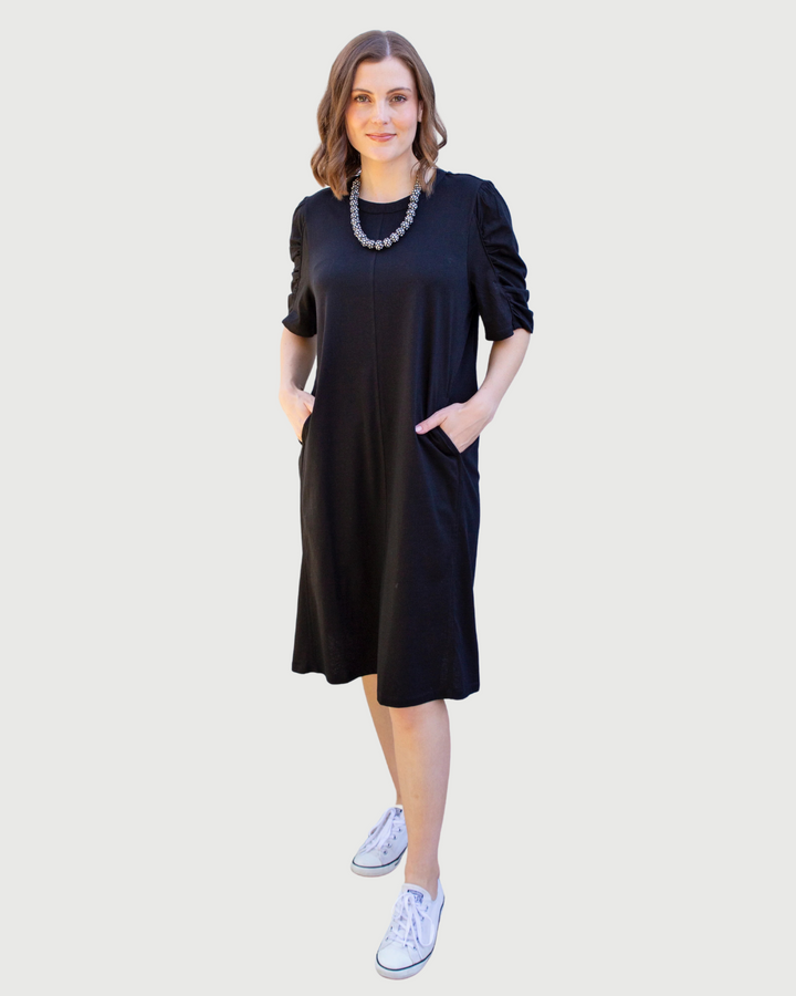 White on Black Rouche Sleeved Dress