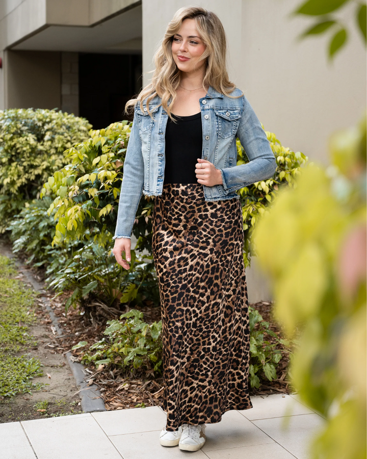 Guru Satin Leopard Bias Cut Midi Skirt
