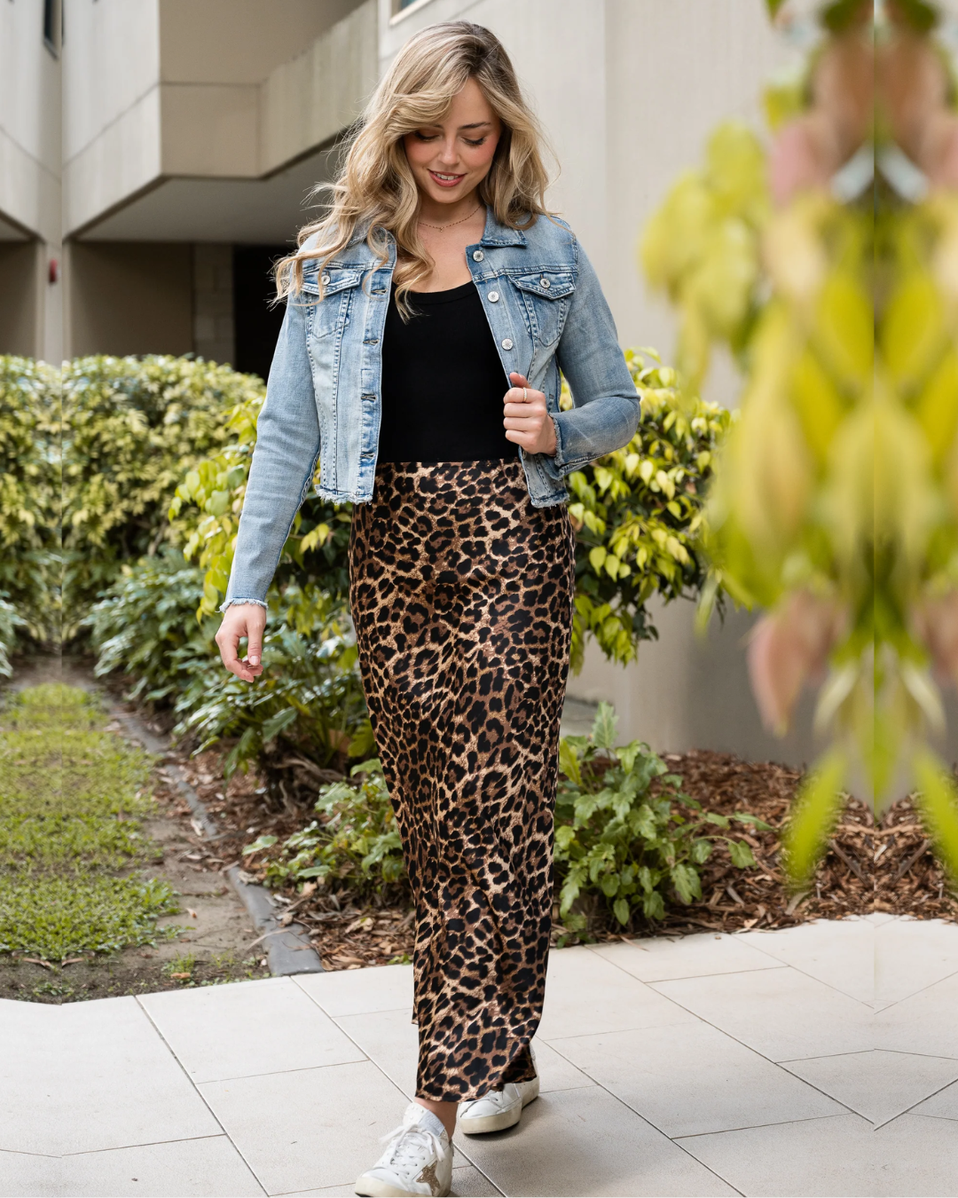 Guru Satin Leopard Bias Cut Midi Skirt