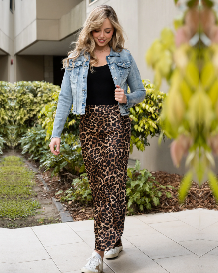 Guru Satin Leopard Bias Cut Midi Skirt