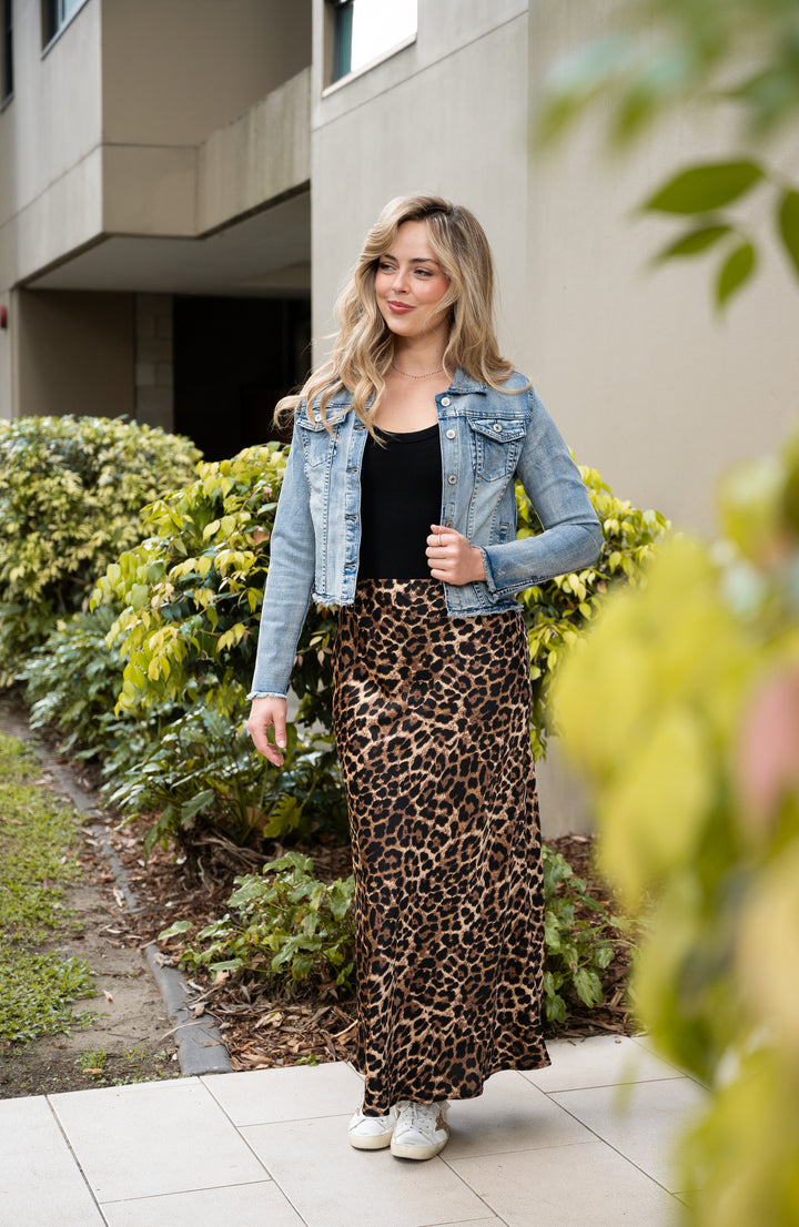 Guru Satin Leopard Bias Cut Midi Skirt