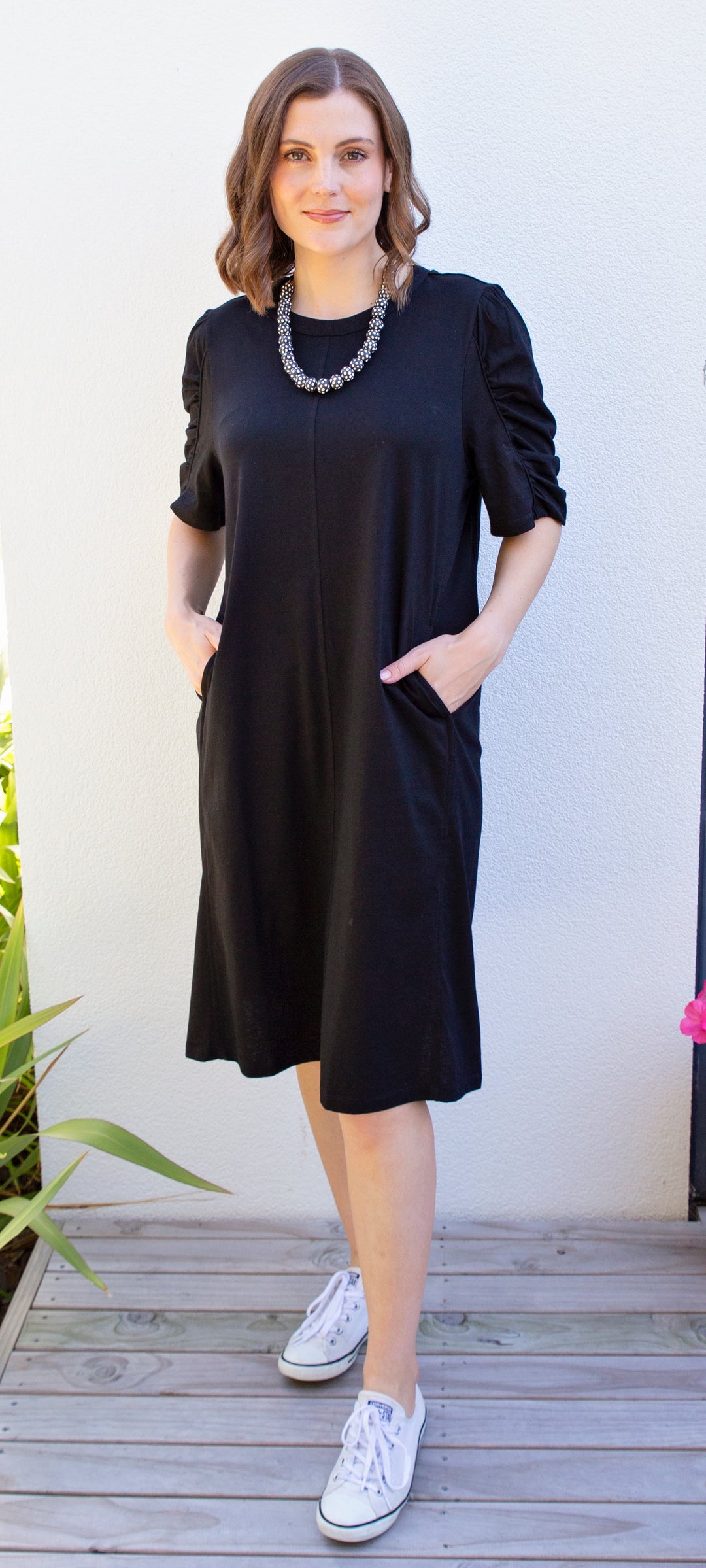 White on Black Rouche Sleeved Dress