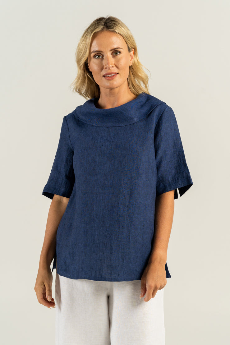 See Saw Linen Cowl Neck Button Back Top