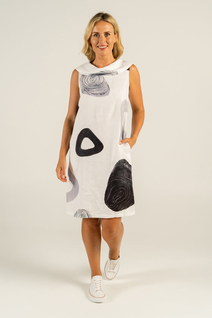 See Saw Linen Cowl Neck Dress Achromatic Print
