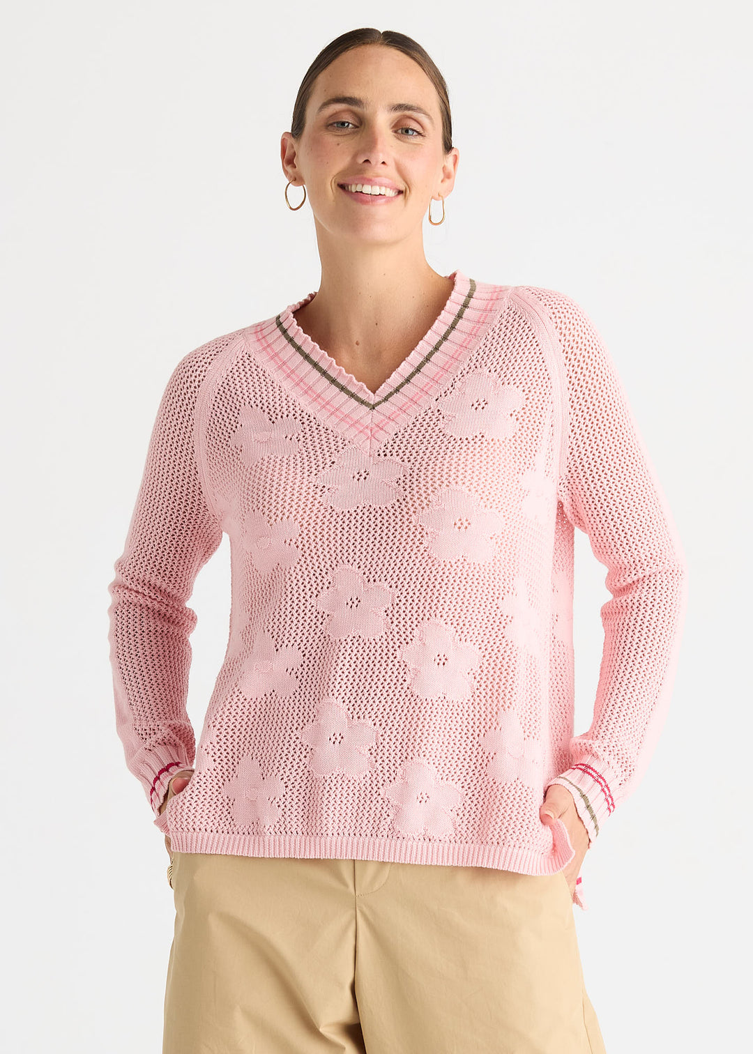 Zaket &amp; Plover Floral Pointelle Vee Sweater