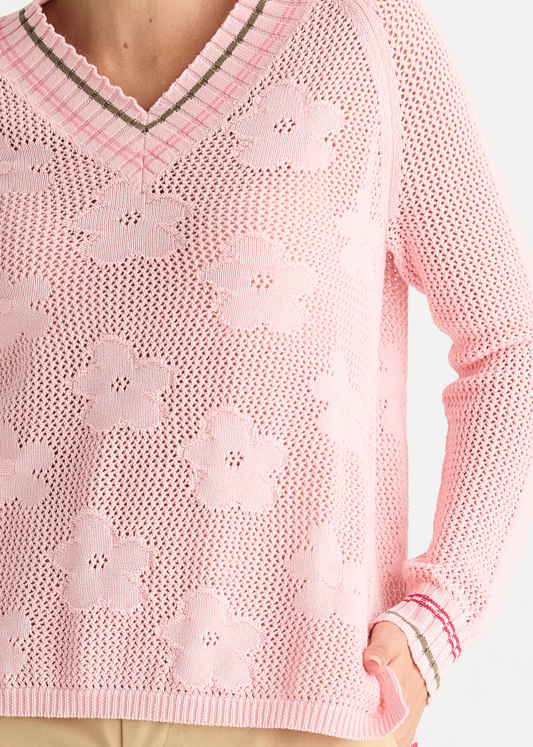 Zaket &amp; Plover Floral Pointelle Vee Sweater