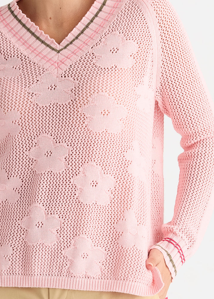 Zaket &amp; Plover Floral Pointelle Vee Sweater