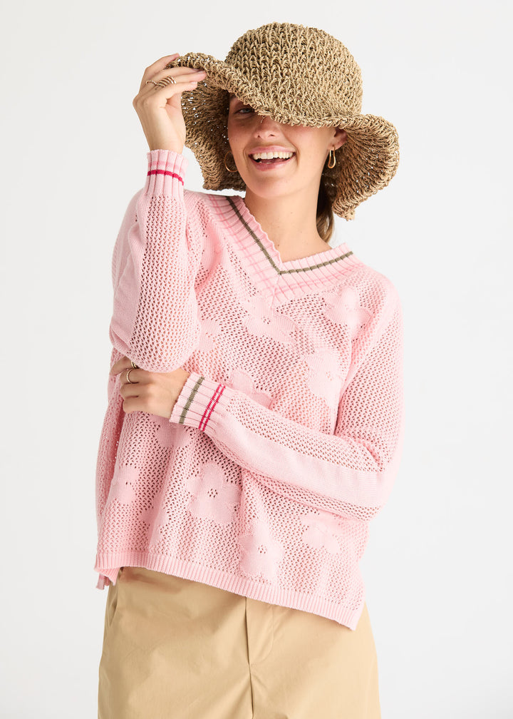 Zaket &amp; Plover Floral Pointelle Vee Sweater