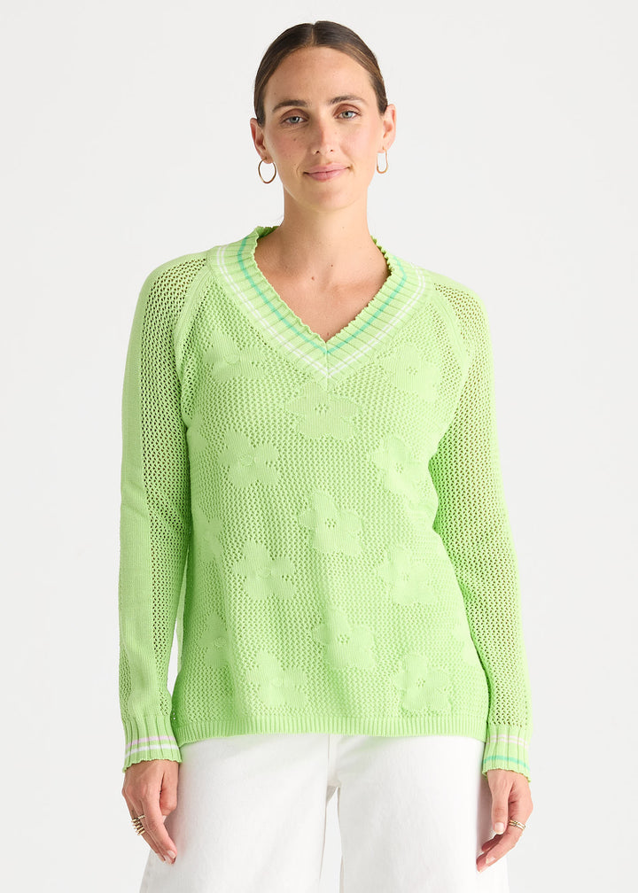 Zaket &amp; Plover Floral Pointelle Vee Sweater