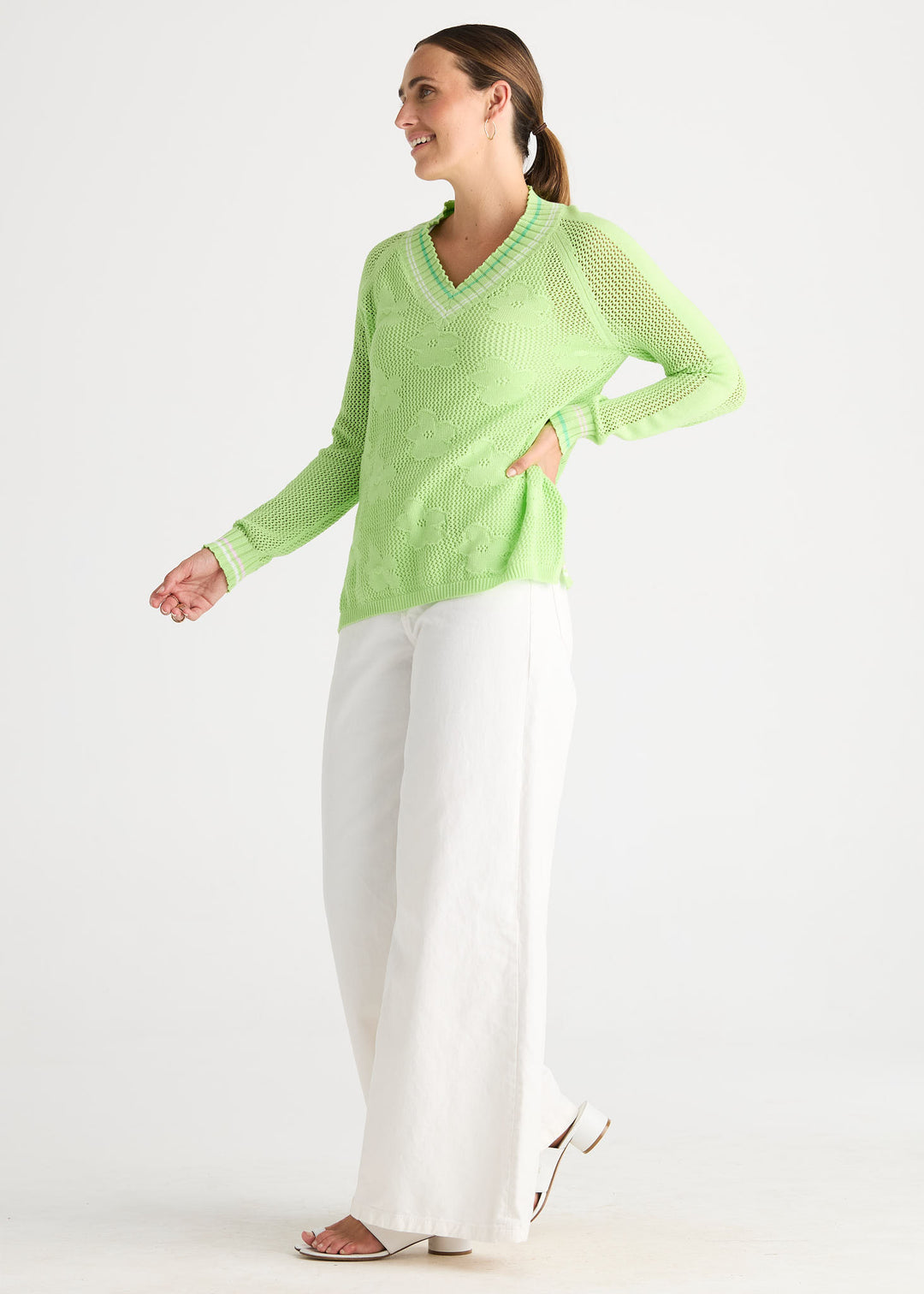 Zaket &amp; Plover Floral Pointelle Vee Sweater