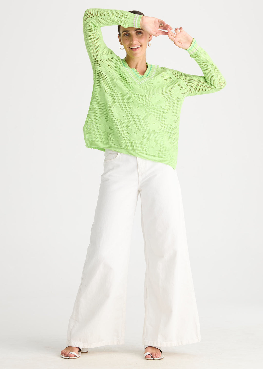 Zaket &amp; Plover Floral Pointelle Vee Sweater